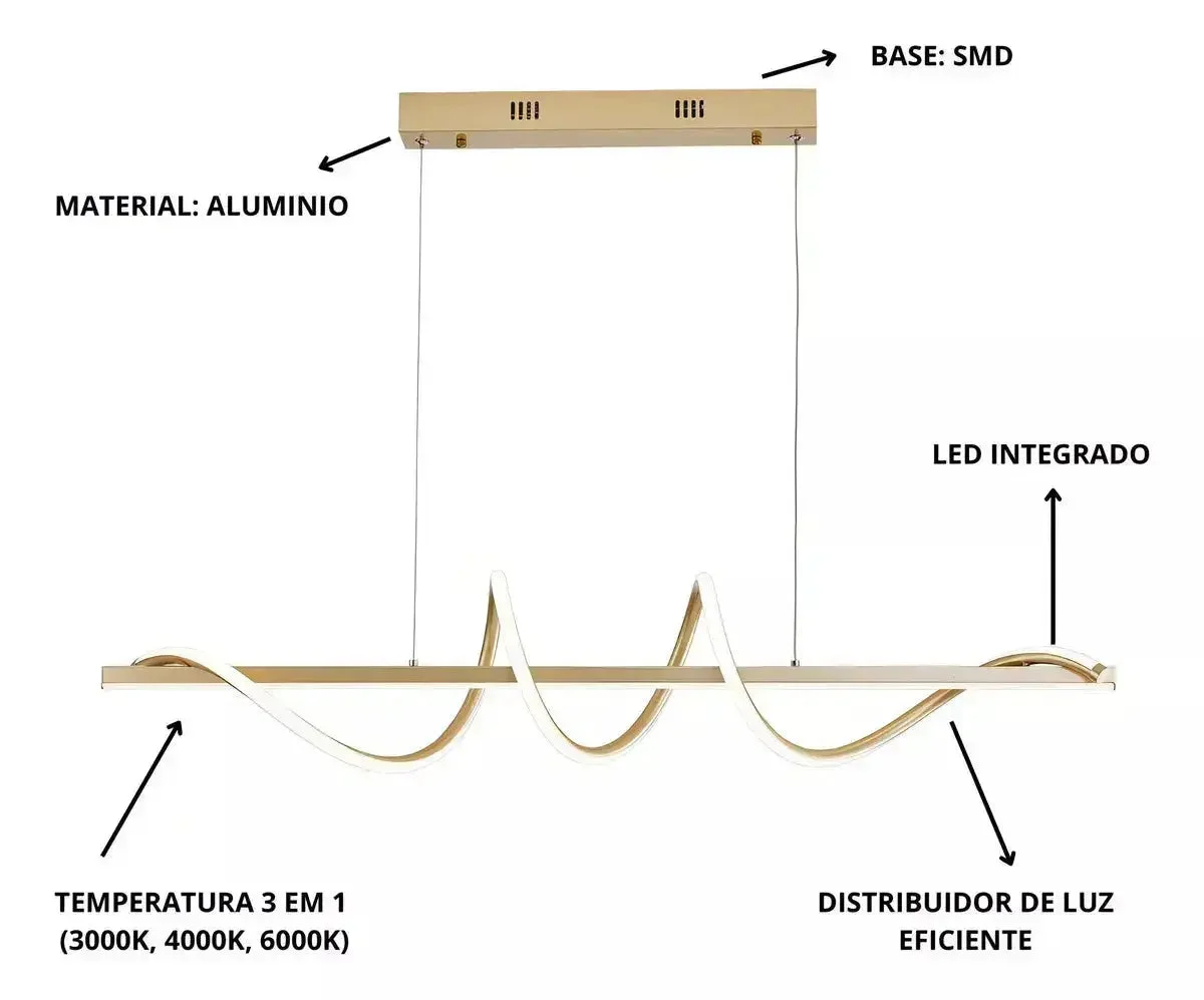 Lustre Pendente Led 45w 3 Em 1 Moderno Quarto Sala Dourado — detalhe