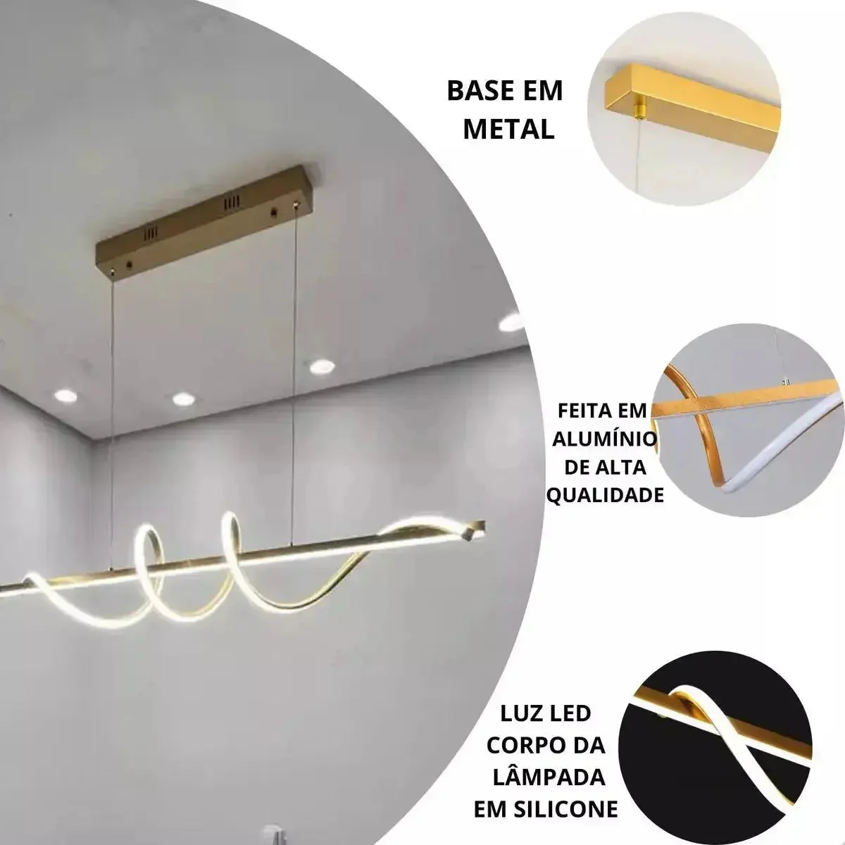 Lustre Pendente Led 45w 3 Em 1 Moderno Quarto Sala Dourado — vista complementar