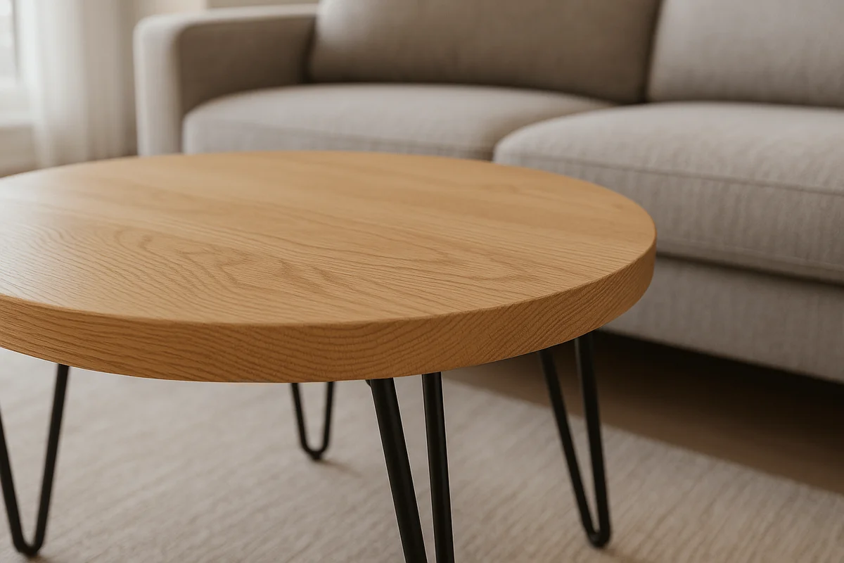 Mesa de Centro Redonda Madeira Carvalho Pés Hairpin 80cm — detalhe