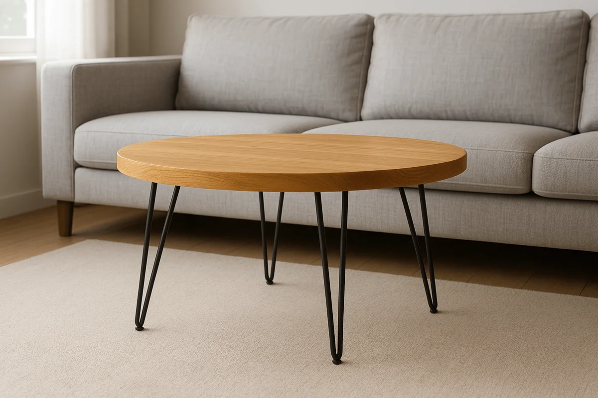 Mesa de Centro Redonda Madeira Carvalho Pés Hairpin 80cm — vista complementar
